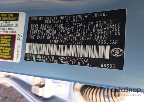 2012 Toyota Camry Se/Le/Xle z USA, uszkodzony, nr VIN 4T1BF1FK1CU613923